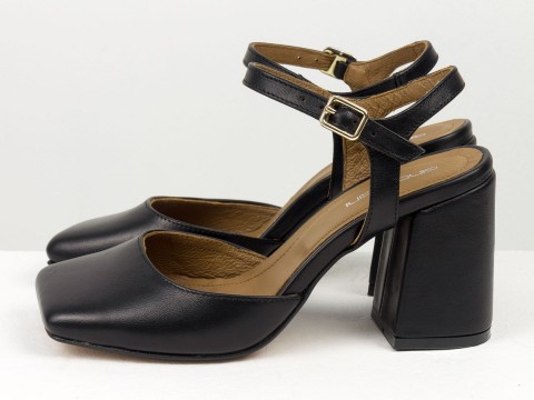 Дизайнерские черные босоножки на обтяжном каблуке из натуральной итальянской кожи с открытой пяткой, С-2401-02